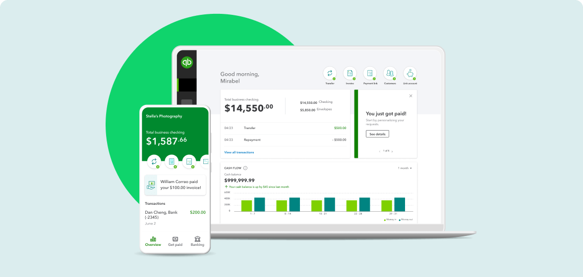 Laptop and mobile device showing QuickBooks Money dashboard.