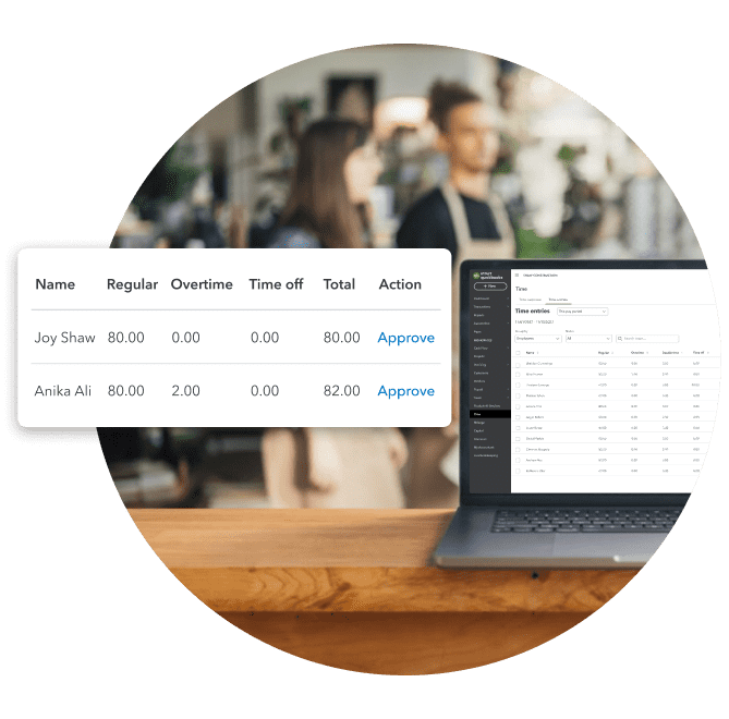 Laptop on a table showing the time approval window in QuickBooks online while employees work in the background.