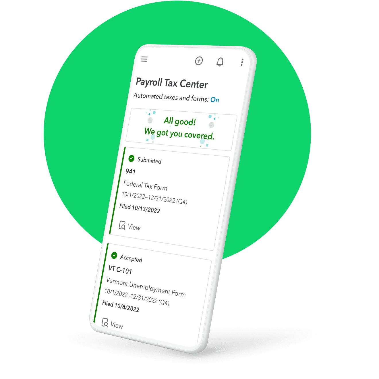 A mobile phone displaying the payroll tax center the automatic taxes and forms feature.